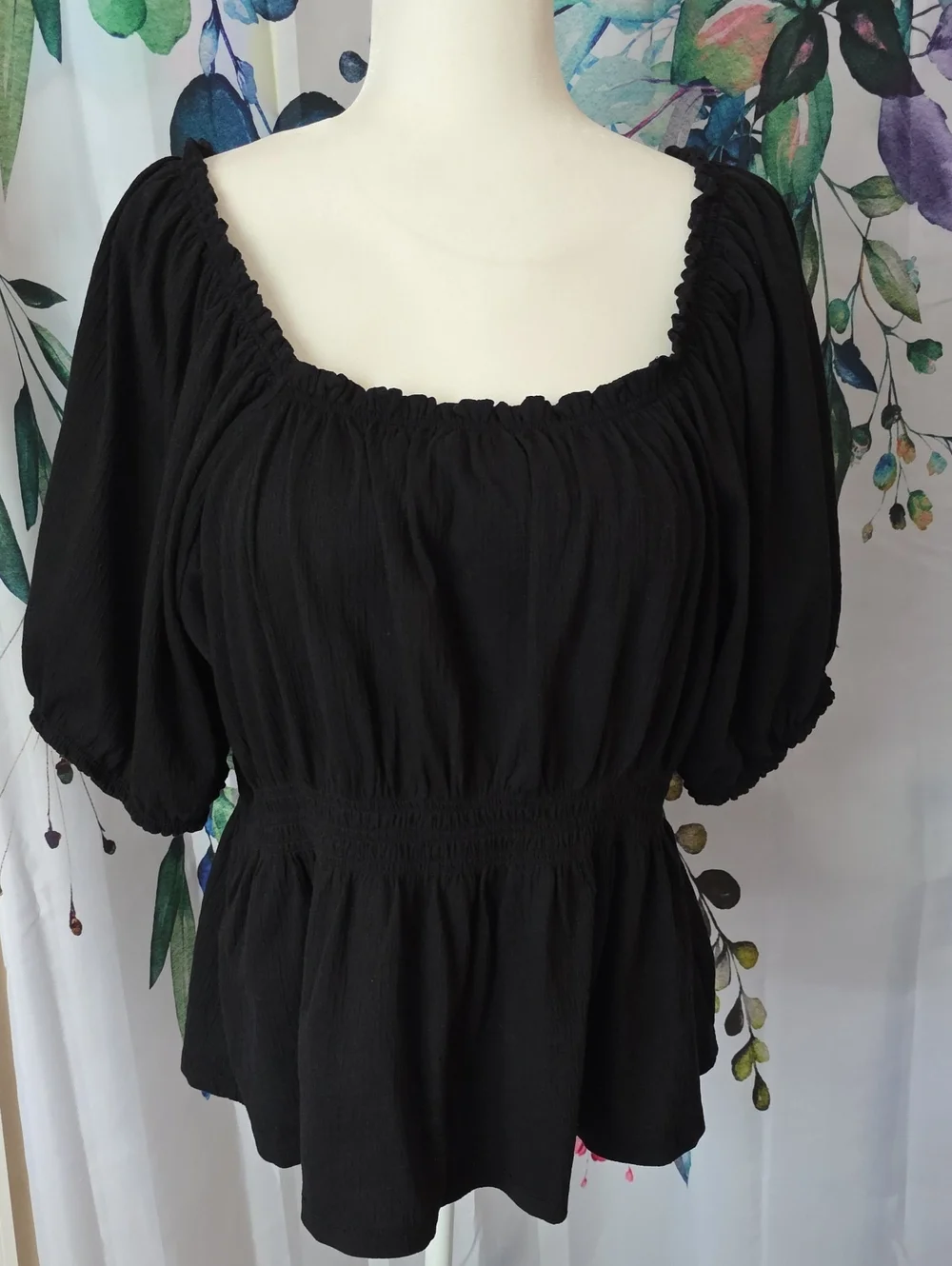 Old Navy Black Square-Neck Peasant Top with Smocked Waist